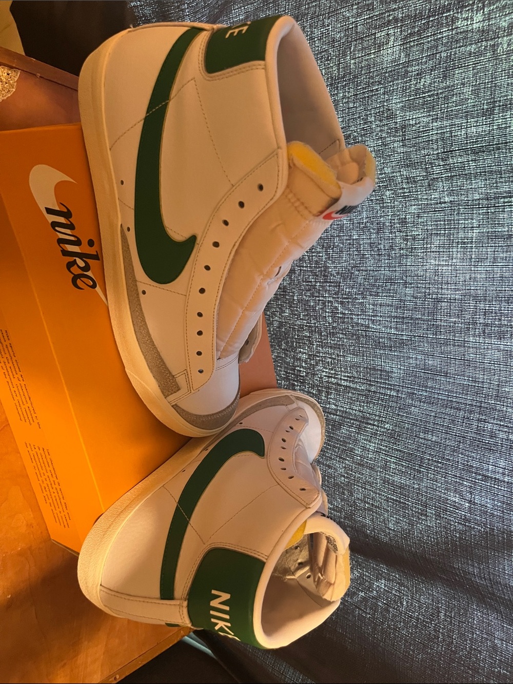 Nike White High-Top Sneakers with Green Swoosh and Silver Accents